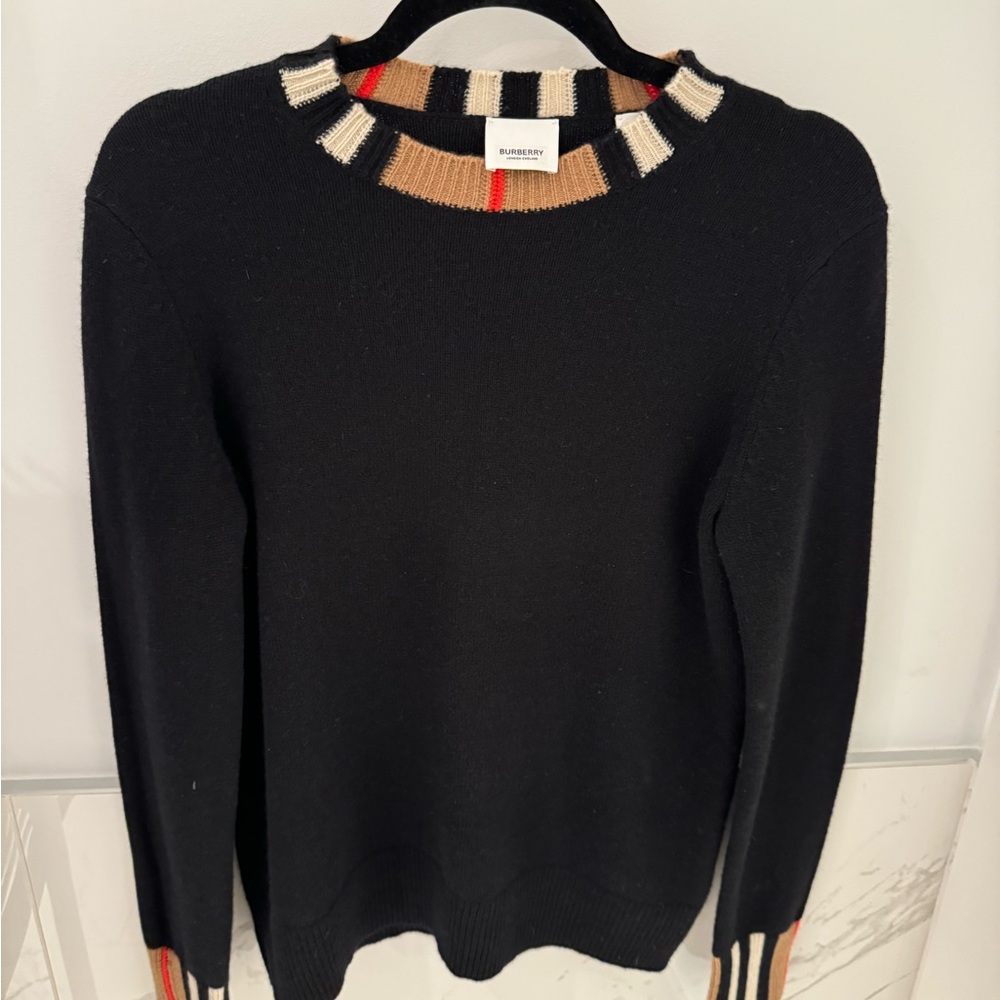 SOLD Burberry Black Sweater with Striped Accents - Picture 1 of 10